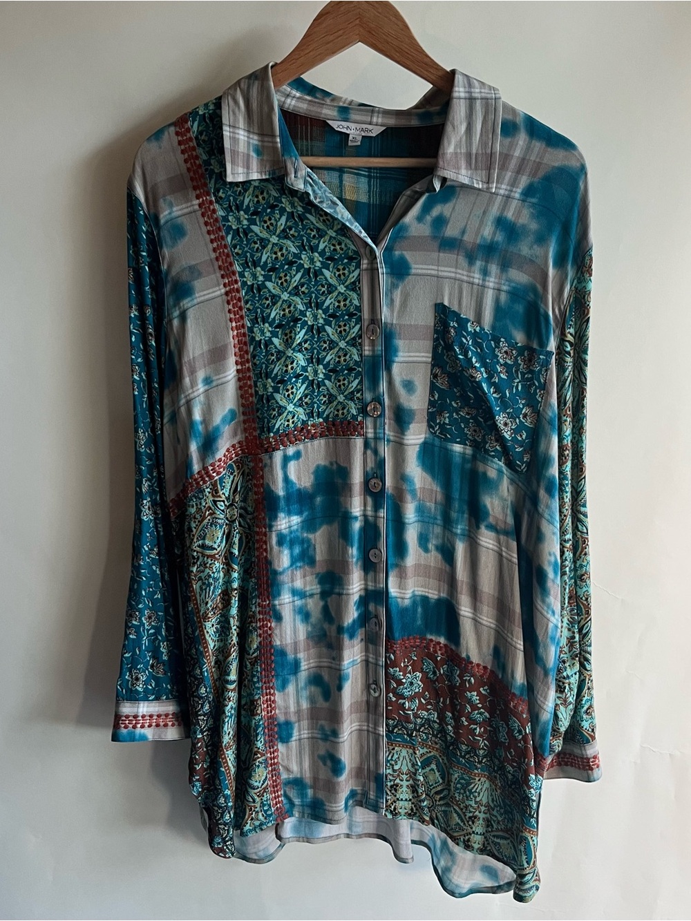 John Mark Floral Embroidered Button Up Shirt Wire Collar Shapeable Sz XL Tunic